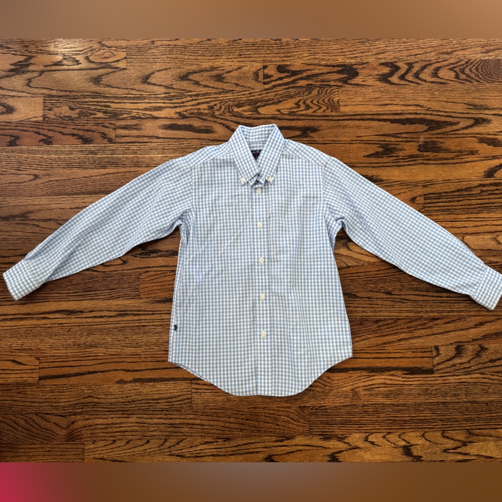 Brooks Brothers Boys Non-Iron Blue & White Gingham Button Down Shirt, Size Small
